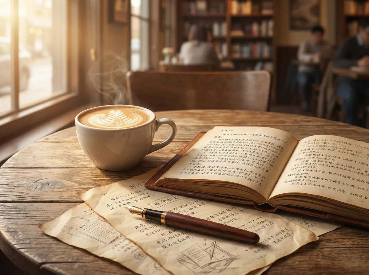 编剧咖啡馆 创作桌面 - 手稿与咖啡